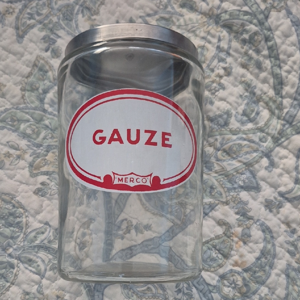 Vintage Glass Gauze Container With Metal Lid From Physicians Office. 7" Tall.
